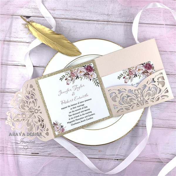 Romantic Blush Pink Spring Flower Glittery Laser Cut Pocket Wedding Invitation Kits, Free Shipped by UPS