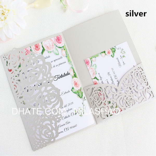 Rose wedding invitation card silver ivory tri-fold pocket laser cut invitation holder provide customized printing 