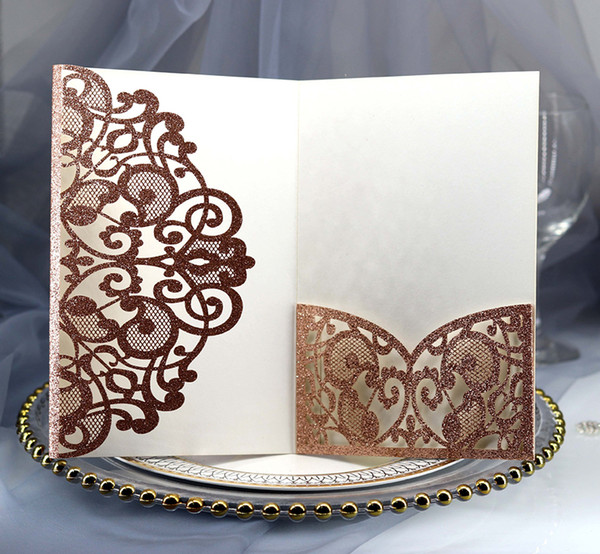 New Wedding Invitation Card Hollow Gold Glitter Invitations pocket Laser Cut Hollow Invitations Cover Wedding Invitations