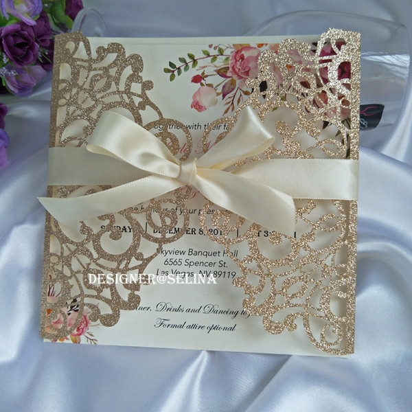 Elegant Rose Gold Glitter Squre Laser Cut Invitations Cards with Ribbon for Wedding Engagement Quinceanera Sweet 16TH Birthday Graduation