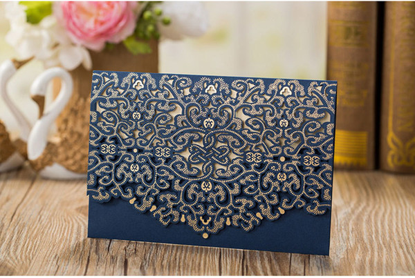 Sample Blue Laser Cut Luxury Wedding Invitations Card Elegant Gold Bow Designed Favor Wedding Event & Party Supplies with envelope