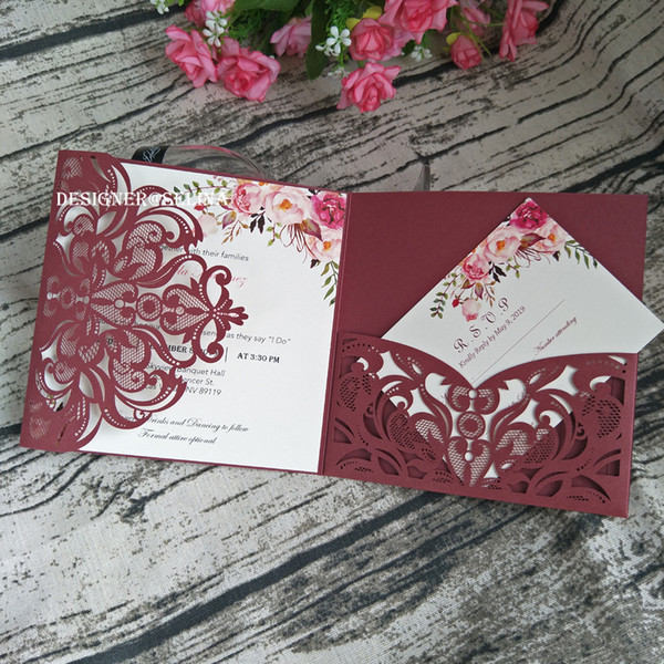 Elegant Burgundy Laser Cut Wedding Invitation with RSVP Card,Floral Trifold Pocket Invitations for Quinceanera Birthday Sweet 15 Invite