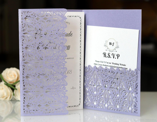 Laser Cut Wedding Invitations With RSVP Cards Lilac Color Customized Flowers Folded Wedding Invitation Cards With Envelopes BW-HK153L