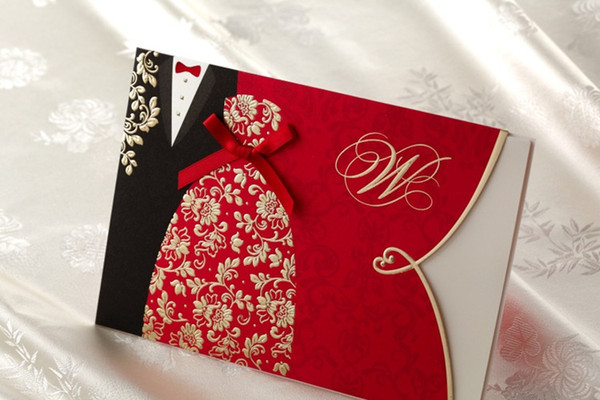 The Bride and Groom Red Free Personalized & Customized Printing Wedding Invitations Cards Custom With Bow Free Shipping