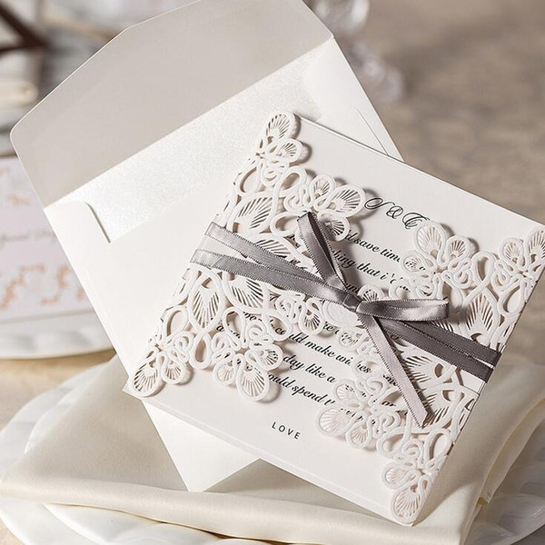 14.3*14.5cm Wedding Invitations Laser Cut Customizable Hollow Crystal Lace Bow Ribbon Wedding Invitation Cards WT01