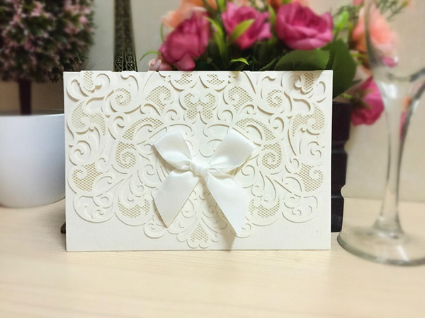 Wholesale 100 pieces/lot Printing Laser Cutting New Wedding Invitations With Ribbon Hollow Banquet Wedding Party Supplies Cards