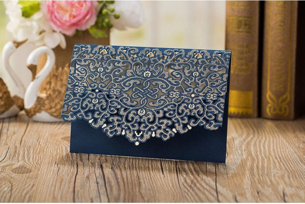 Sample Blue Laser Cut Luxury Wedding Invitations Card Elegant Gold Bow Designed Favor Wedding Event And Party Supplies