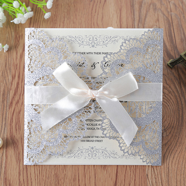 50pcs/lot Slivery Glitter Laser Cut Lace Wedding Invitations Cards with Hollow Flora Drill for Engagement Wedding Bridal Shower