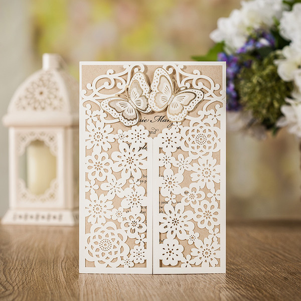 50pcs White Laser Cut Wedding Invitations Card Butterfly Flower Personalized Custom Printable Envelopes Wedding Party Supplies