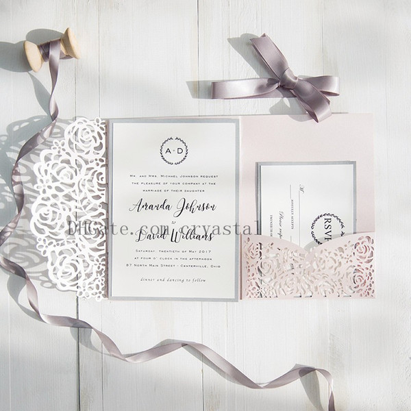 Blush Pink And Gray Laser Cut Pocket Wedding Invitations, Customizable Invites With Envelope, Free Shipped by UPS