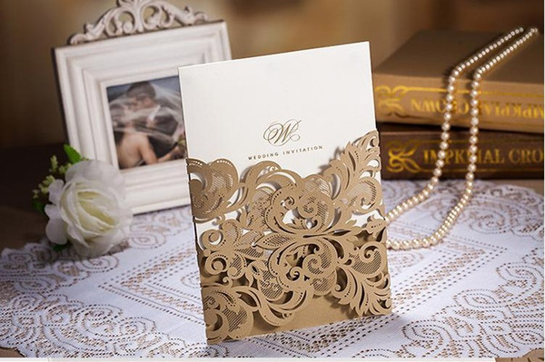 Hot sale Gold Hollow Flora Wedding Invitation Cards Personalized Laser Cut Lace Wedding Invitations Customizing and Printing