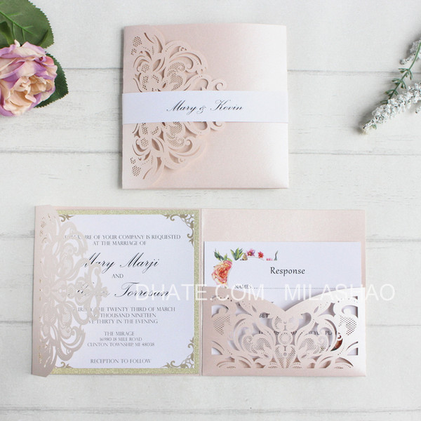 Flesh pink wedding invitations card laser pocket bridal marriage invite customized printing insert belly band RSVP