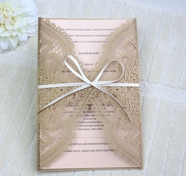 DIY Laser Cut Wedding Invitation Set with Card Ribbon Envelop Customization Golden Champagne Personalized Paper Invitations