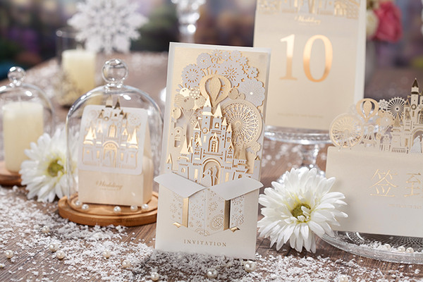 Customized Printing Laser Cut Hollow Wedding Invitations cards European Style 3D Castle Wedding Invitation Envelope Wedding Supplies Cards