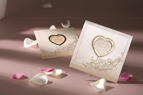 Elegant Embossed Wedding Card Invitations, Laser-cut Heart +Flower Folded Wedding Invitation Champagne 112801