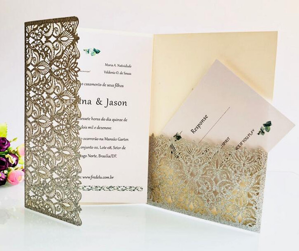 Luxury Champagne Gold Glitter Wedding Invitations Elegant Laser Cut Dinner Party Invites with Glitter Band+Envelope 50pcs