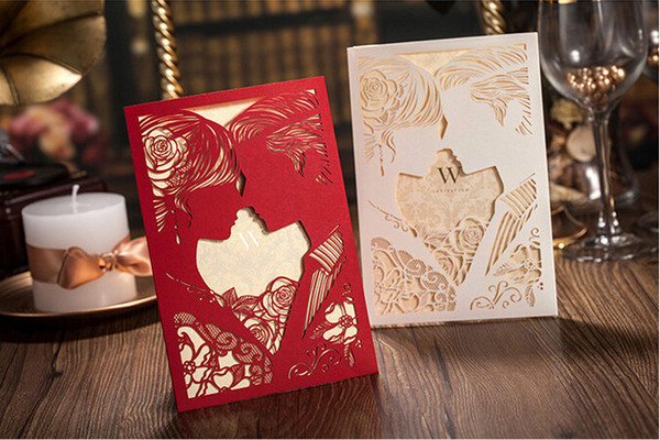 2016 Unique Red /Gold Hollow Wedding Invitation Card Romantic Groom Brides Laser Cut engagement Wedding Invitations Free 