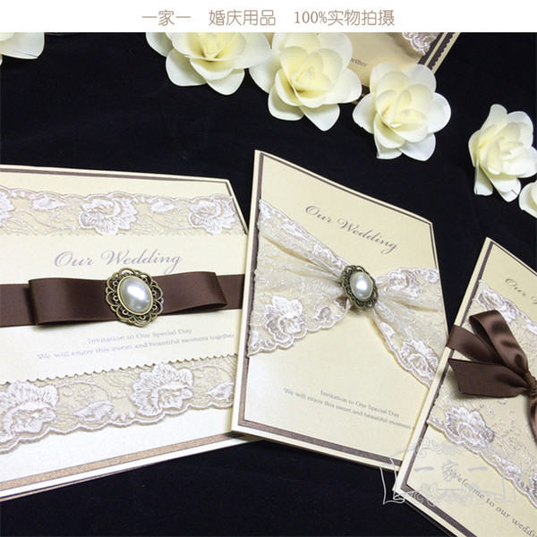 Wedding Invitations Luxury High Eed Custom Lace Beads Wedding Party Printable Invitation Cards Ribbon with Envelope Sealed Card