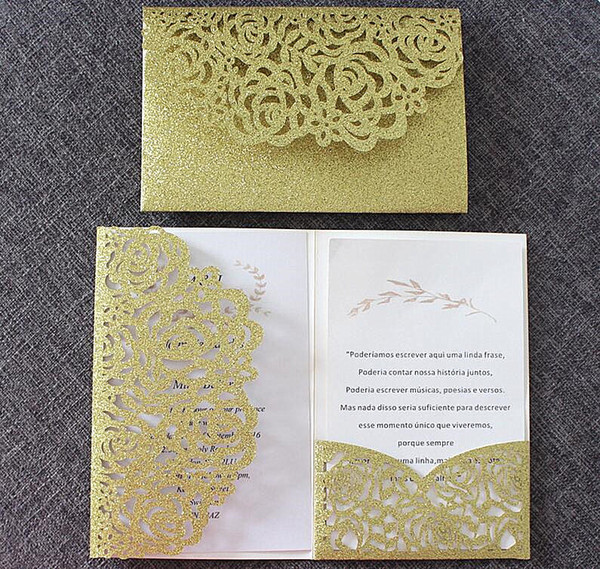 Luxury glitter gold wedding invitations transparent envelop personalized inserts rose laser cutting party pocket invit(no inner no envelope)