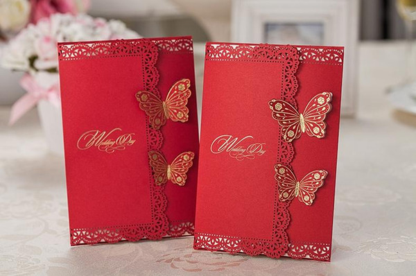 Chinese Wedding Invitations Cards Personalized Red with Gold Stamp Butterful Invitations With Envelope and Seal Free Printing