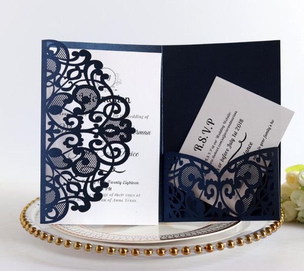 Navy Blue Wedding Invitations Cards Laser Cut Invitation with Bow Lace Sleeve for Engagement Baby Bridal