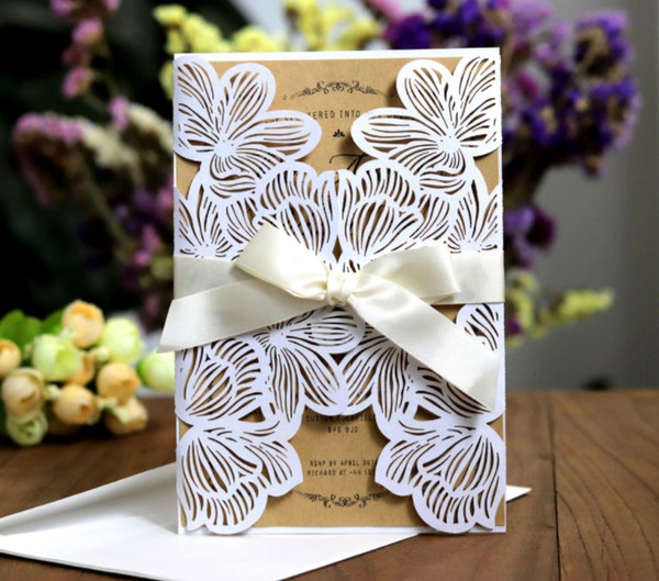 White flower Wedding Invitations cards Luxury Hollow out floral retangle Birthday party invitation card DHL free ship