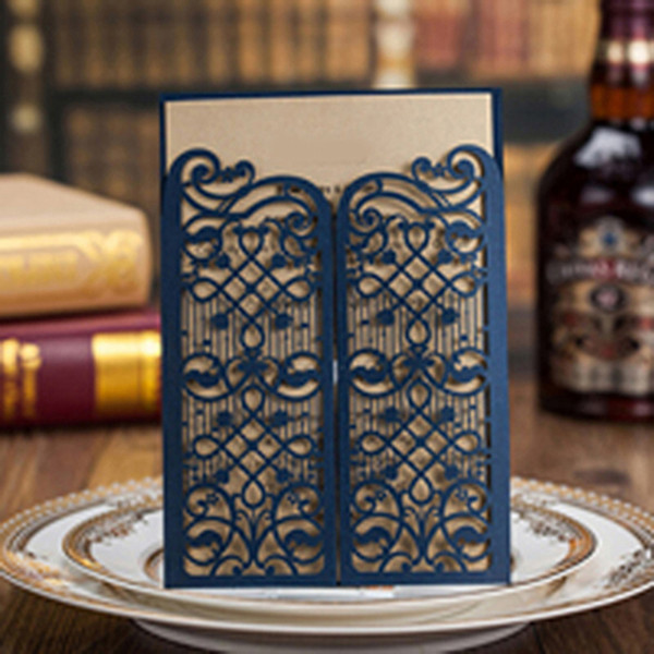 50pcs Blue Laser Cut Hollow Flower Wedding Invitation Card Elegant Favor Customize Wedding Decoration Event Party Supplies