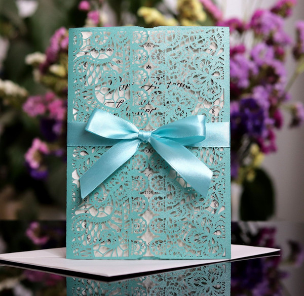 Laser Cut Wedding Invitations OEM Customized Flowers Ribbon Bows Folded Wedding Invitation Cards With Envelopes BW-HK8