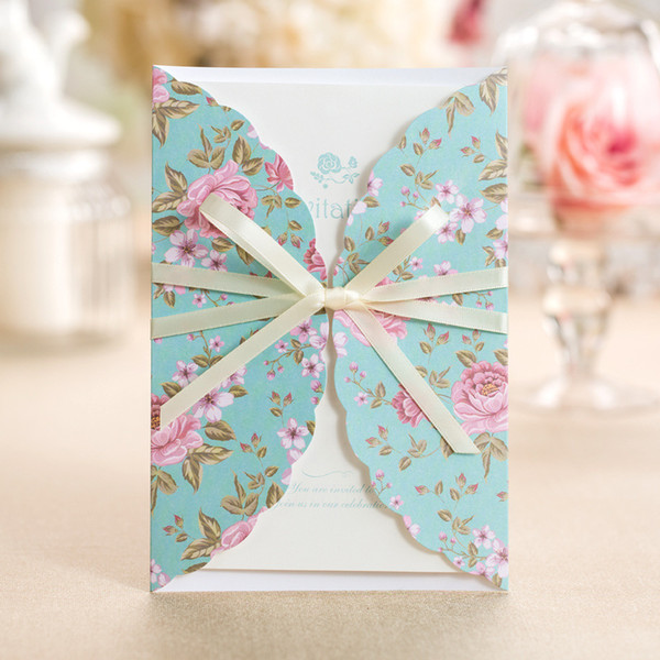 New Wedding Invitations Free Printing Wedding Invitation Cards With Floral Prints Blue Ribbons Personalized Wedding Invitations DB-I0024