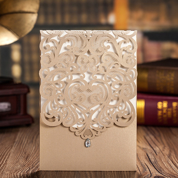 Golden Wedding Invitations Cards with Envelopes Seals Gold Hollow Pattern Wedding Party Invitation Unique Design B5010