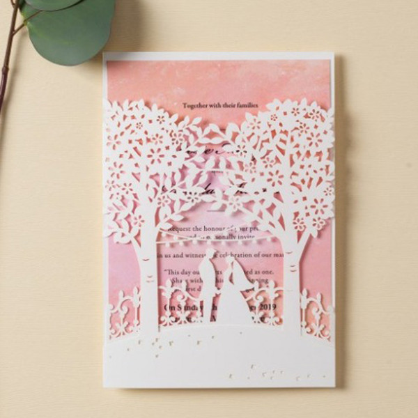 Wishmade White Wedding Invitations Cards With Blank Laser Cut Trees Bride And Groom and Elegant Pink Inner Card, Customizable AW7069