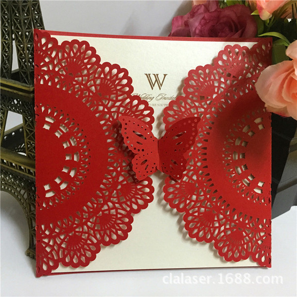 Red Laser Cut Butterfly Wedding Invitations Wholesale Ivory Paper Inner Sheet White Envelope Wedding Supplies Bridal Party Invitation Cards