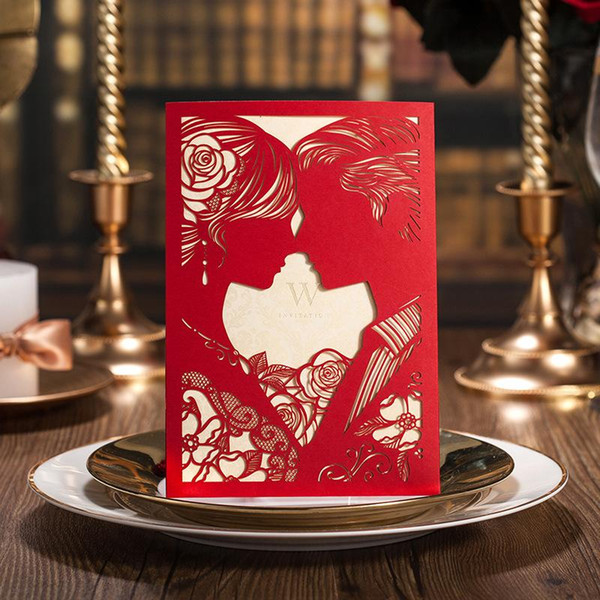 Customized Printing Laser Cut Red White Hollow-out Bride and Groom Engagement Wedding Invitations Wedding Card 