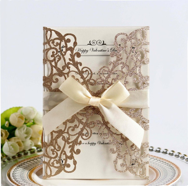 New Rose Laser Cut Hollow Flower Gold Sequins Wedding Invitations Cards with Crystal Personalized Bridal Invitation Card Cheap