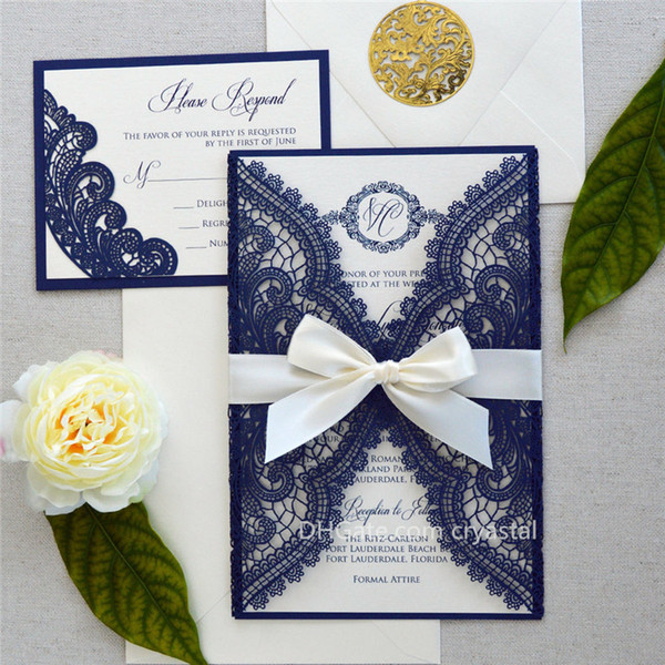 NAVY CHANTILLY LACE Laser Cut Wrap Invitation - Navy Laser Cut Wedding Invitation with Ivory Shimmer Insert and Ivory Ribbon Bow