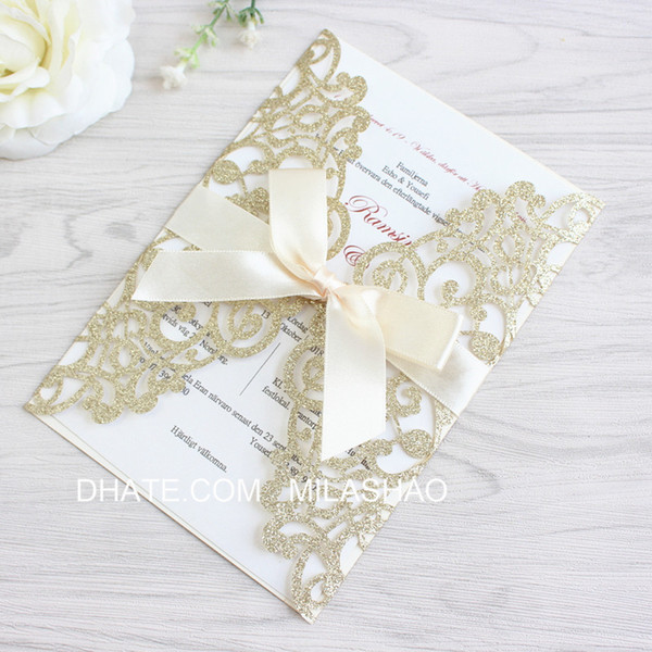 Luxury invitation glittery gold silver laser cut paper invitation with butterfly ribbon for weeding marriage Christening