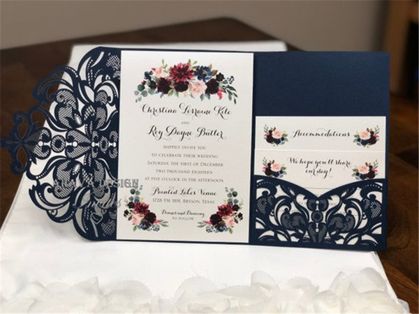 Gorgeous Glittering Navy Lace Tri-Fold Laser Cut Wedding Invitations Pocket Wedding invitation Die Cut Laser Cut Shimmer Jacket