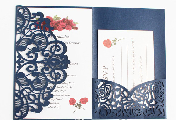 Navy Blue Laser Cut Pocket Wedding Invitation Suites Customizable Invites With Envelope Blank Inner 