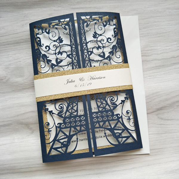 Navy Blue Shimmer Laser Cut Fold With Belly Band Tower Wedding Invitations Free Printing Love Bird Engagement Invite with Envelope