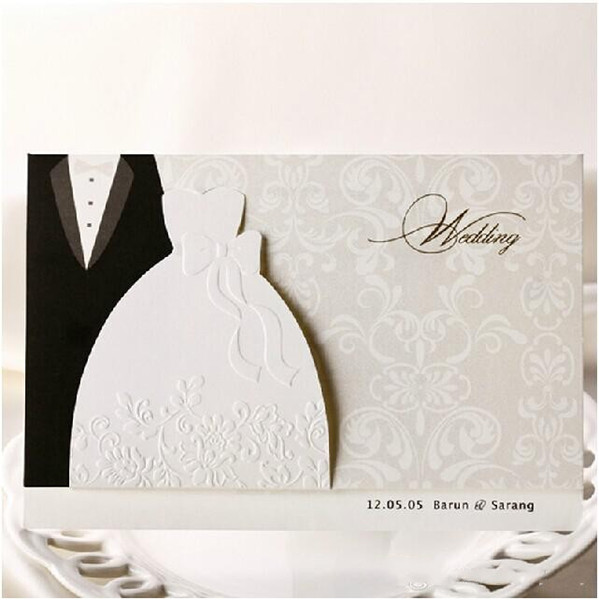 2016 New Personalized Design White The Bride and Groom Dress Style Invitation Card Wedding Invitations Envelopes Sealed Card Top Quality