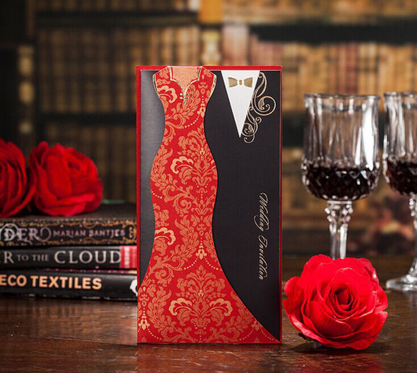 Typical Asian Red Black Panelled Wedding Invitations Cards Dress Suit Cover Carving Paper Pullout Style 50 Pieces At Least