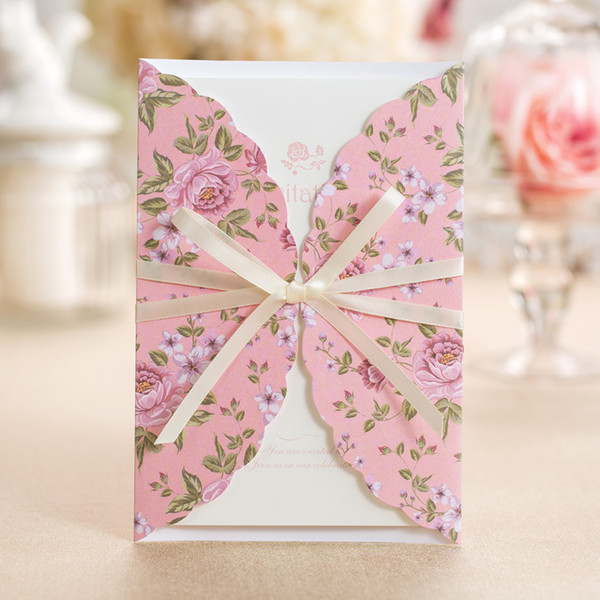 Wedding Invitations Free Printing Wedding Invitation Cards With Pink Floral Prints Ribbons Personalized Wedding Invitations DB-I0023