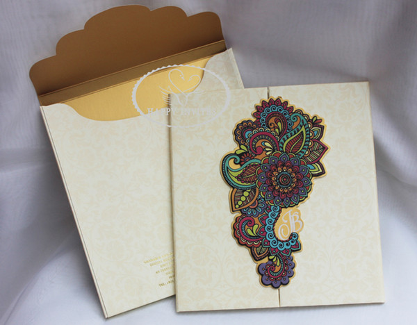 Free Shipping for Some Countries! HI1090 Customized Gate Fold Style Hard Cover Wedding Card with Gold Foil Made in China