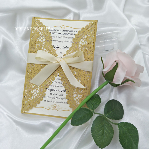 Gold Shimmy Lace Wedding Invitation with Beige Ribbons, Laser Cut Wrap Invites for Quinceanera with Ivory Shimmer Insert