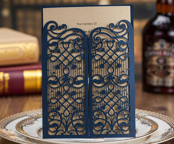 Navy Blue Free Printed Wedding Invitations Cards With Hollow Out Rustic Laser Cut Invatation Card Flowers Elegant Party Invites