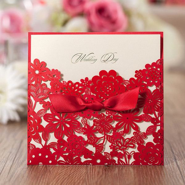 50pcs Laser Cut Wedding Invitations Cards with Envelopes Red Pattern Bow-knot Wedding Party Invitation Unique Design B5086