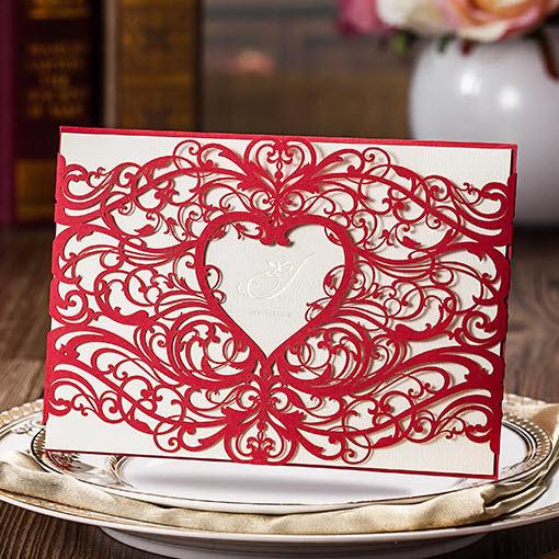 Classic Red Laser Cut Heart and Flowers Wedding Invitations Cards, By Wishmade, CW5017