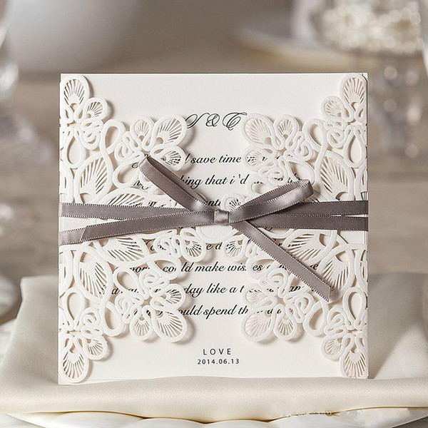 White Lace Floral Wedding Invitation Cards Customizable Hollow Wedding Party Printable Invitation Cards Ribbon with Envelope Sealed Card