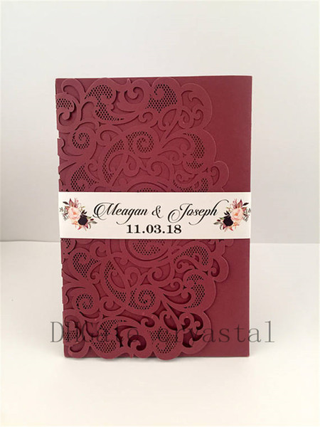 Marsala Burgundy Pocket Wedding Invitations Die Cut Laser Cut Jackets Wedding Invites, 20+ Colors Available