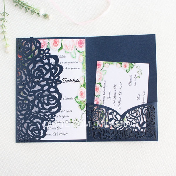 Tri-fold pocket rose wedding invitation card with rsvp envelope navy blue flora modern laser cut invitation paper